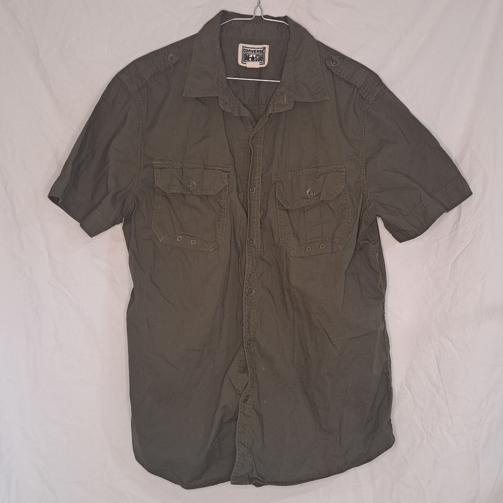 Vintage Converse One Star Mens Medium Olive Dark Green Utility Button-Down Shirt